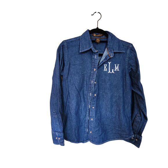 Ladies Harriton Denim Button-Up Shirt With Monogram "ELM" S/P 100% Cotton - Picture 1 of 4